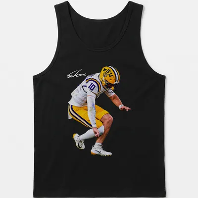 Dynamic LSU football player in action, illustrated in purple, yellow, black, and white — printed on a tank top