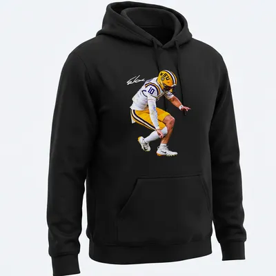 Dynamic LSU football player in action, illustrated in purple, yellow, black, and white — printed on a unisex hoodie