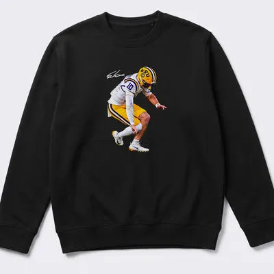 Dynamic LSU football player in action, illustrated in purple, yellow, black, and white — printed on a unisex sweatshirt