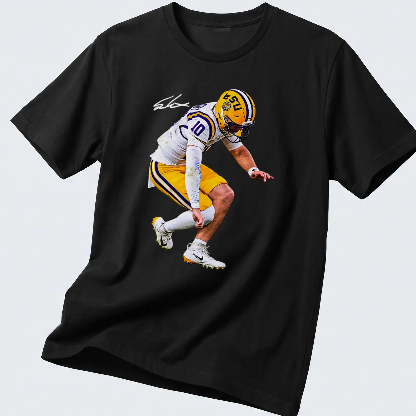 Dynamic LSU football player in action, illustrated in purple, yellow, black, and white — printed on a unisex t-shirt
