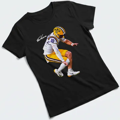 Dynamic LSU football player in action, illustrated in purple, yellow, black, and white — printed on a women's shirt