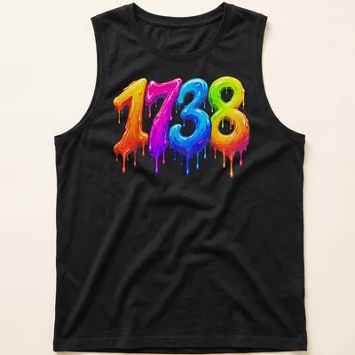 Colorful drippy design of the number 1738 in pink, blue, green, yellow, and orange — printed on a tank top