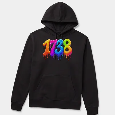 Colorful drippy design of the number 1738 in pink, blue, green, yellow, and orange — printed on a unisex hoodie