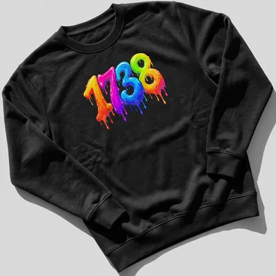Colorful drippy design of the number 1738 in pink, blue, green, yellow, and orange — printed on a unisex sweatshirt