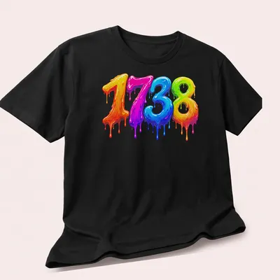 Colorful drippy design of the number 1738 in pink, blue, green, yellow, and orange — printed on a unisex t-shirt (angled view)