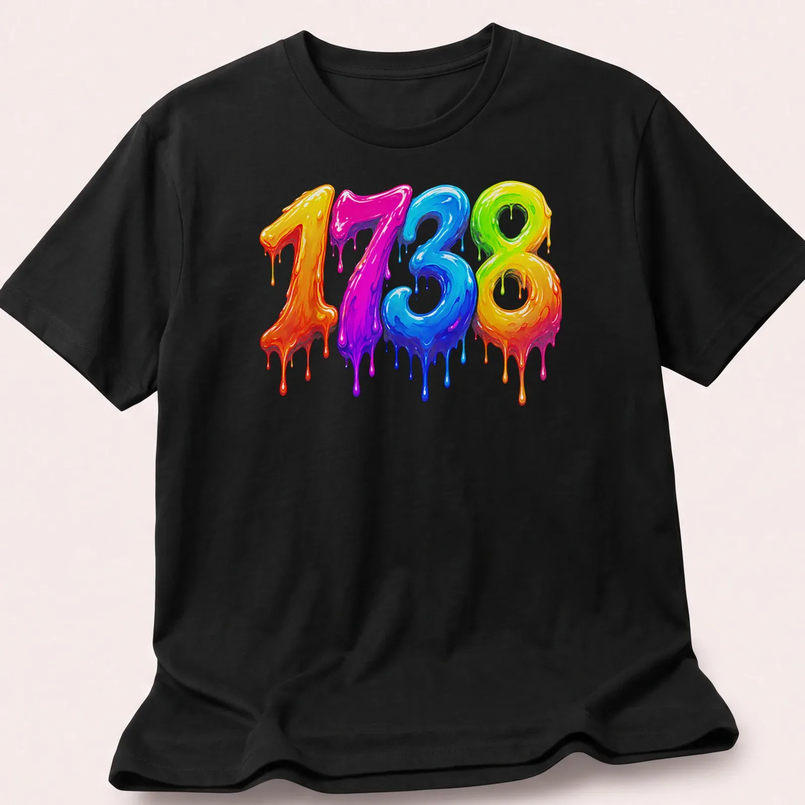 Colorful drippy design of the number 1738 in pink, blue, green, yellow, and orange — printed on a unisex t-shirt