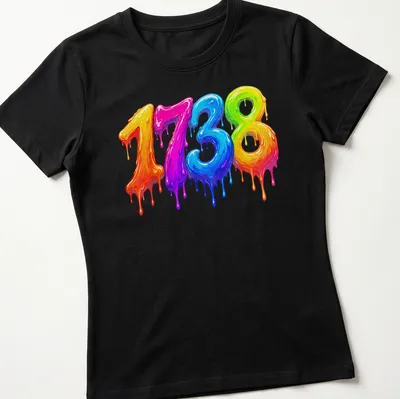Colorful drippy design of the number 1738 in pink, blue, green, yellow, and orange — printed on a women's shirt