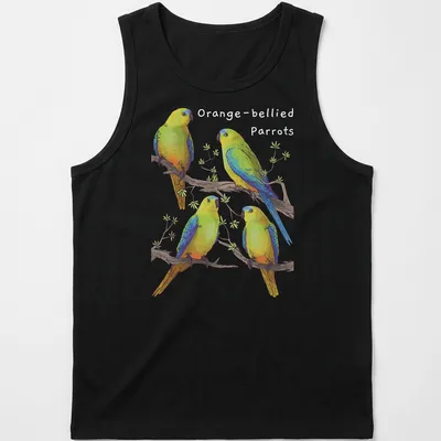 Illustration of four colorful parrots perched on branches in green, blue, yellow, and orange — printed on a tank top