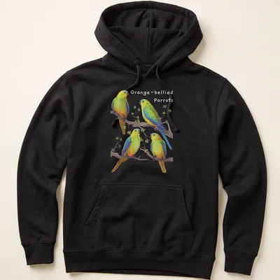 Illustration of four colorful parrots perched on branches in green, blue, yellow, and orange — printed on a unisex hoodie