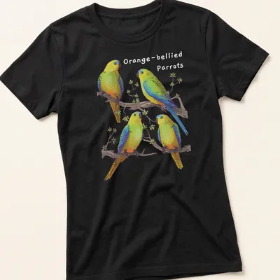 Illustration of four colorful parrots perched on branches in green, blue, yellow, and orange — printed on a women's shirt