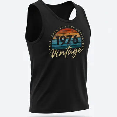 Retro distressed shirt celebrating 50 years of being awesome in orange and teal — printed on a tank top