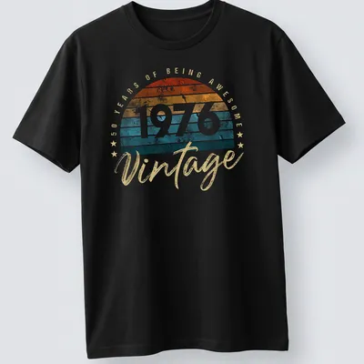 Retro distressed shirt celebrating 50 years of being awesome in orange and teal — printed on a unisex t-shirt