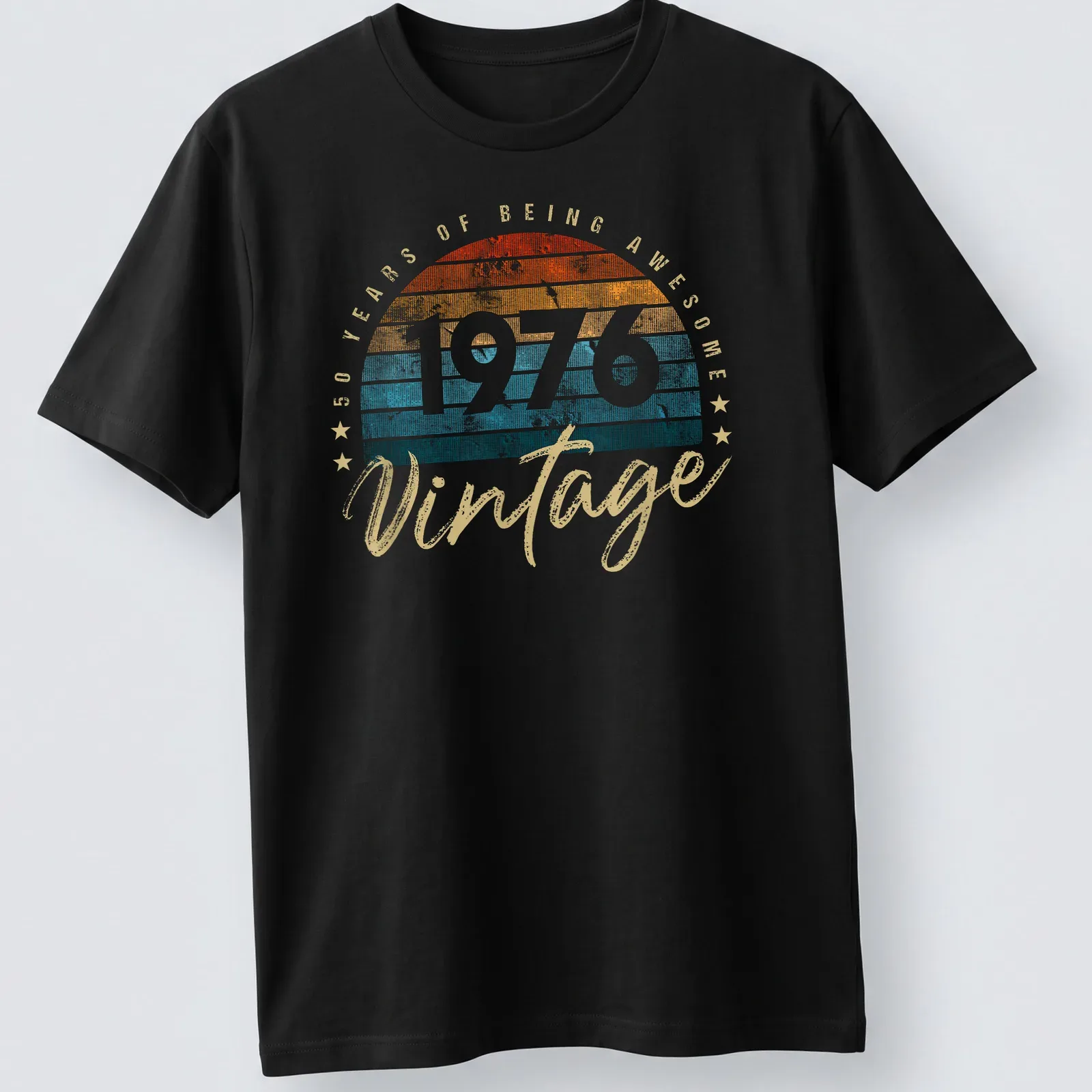 Retro distressed shirt celebrating 50 years of being awesome in orange and teal — printed on a unisex t-shirt