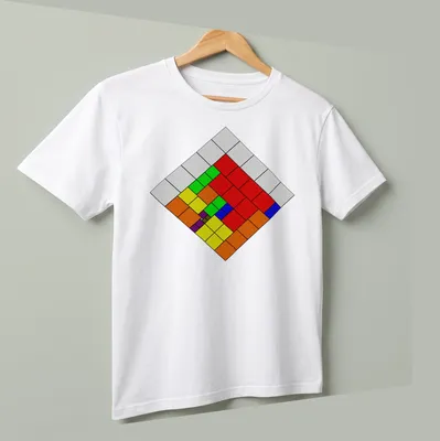 Colorful puzzle grid graphic with printed text about a puzzle solution — printed on a unisex t-shirt (angled view)