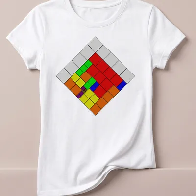 Colorful puzzle grid graphic with printed text about a puzzle solution — printed on a women's shirt