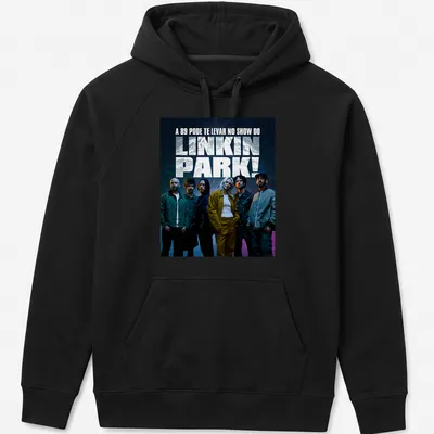 Vibrant concert photography featuring Linkin Park with bold text above. — printed on a unisex hoodie