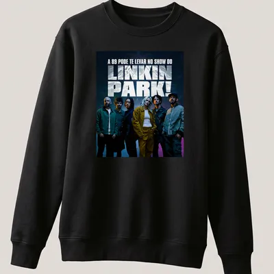 Vibrant concert photography featuring Linkin Park with bold text above. — printed on a unisex sweatshirt