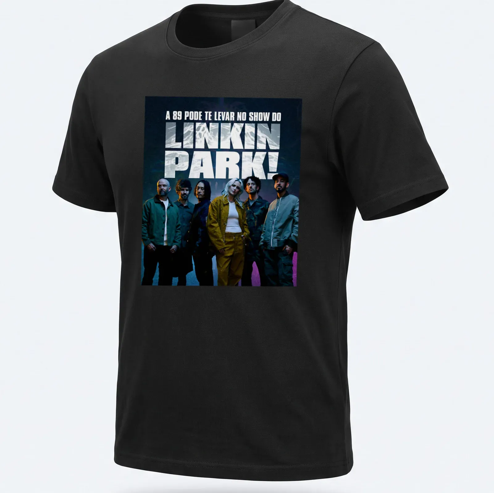 Vibrant concert photography featuring Linkin Park with bold text above. — printed on a unisex t-shirt