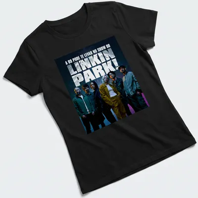 Vibrant concert photography featuring Linkin Park with bold text above. — printed on a women's shirt