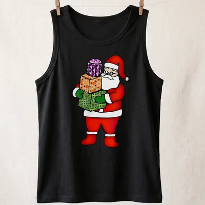 Cartoon Santa Claus holding gifts with colorful festive design — printed on a tank top