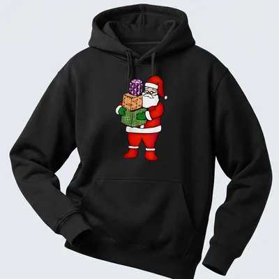 Cartoon Santa Claus holding gifts with colorful festive design — printed on a unisex hoodie