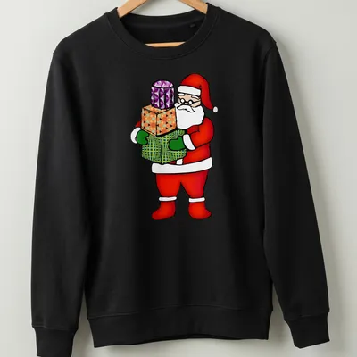Cartoon Santa Claus holding gifts with colorful festive design — printed on a unisex sweatshirt