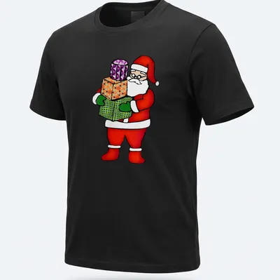 Cartoon Santa Claus holding gifts with colorful festive design
