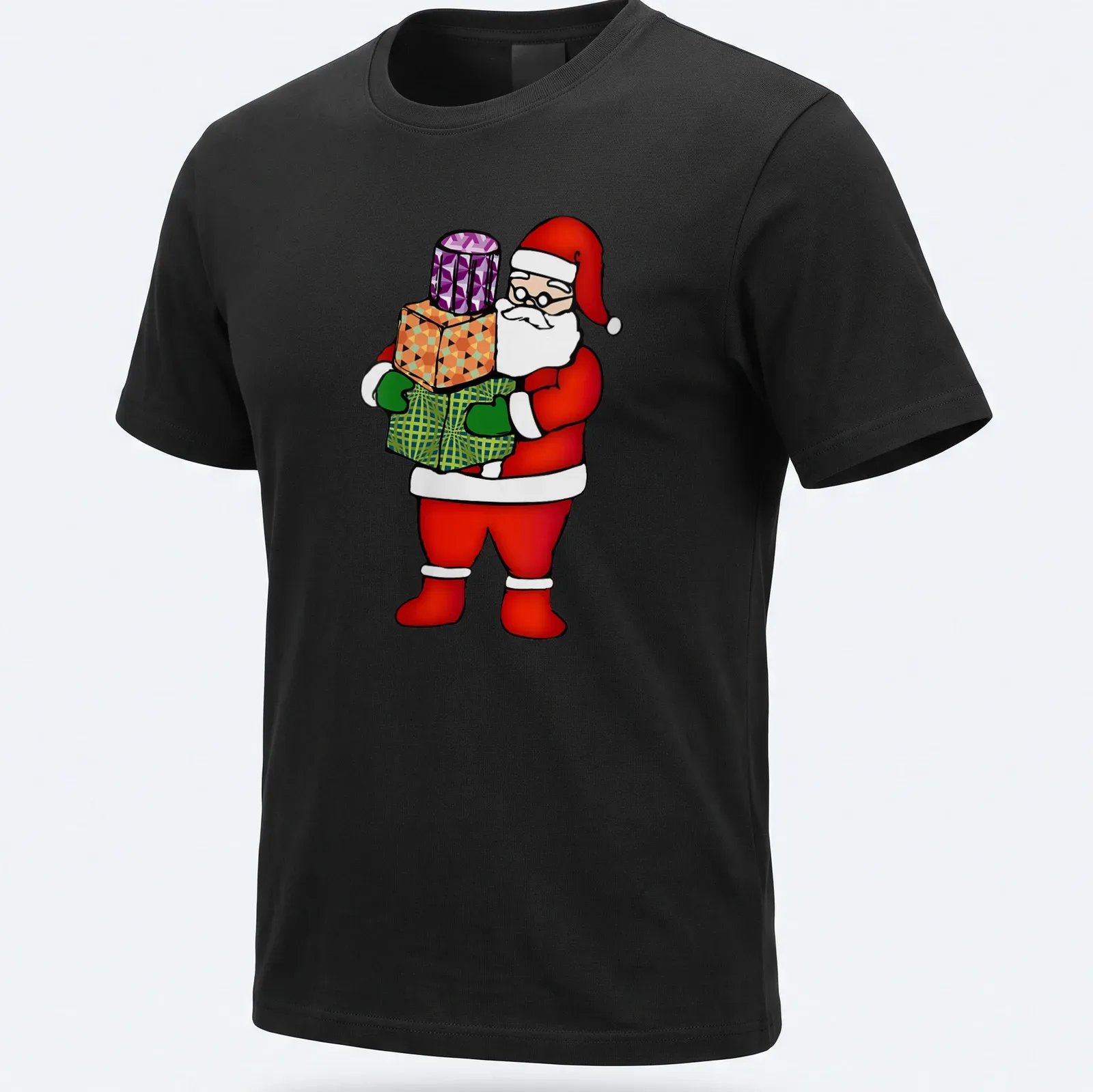 Cartoon Santa Claus holding gifts with colorful festive design — printed on a unisex t-shirt