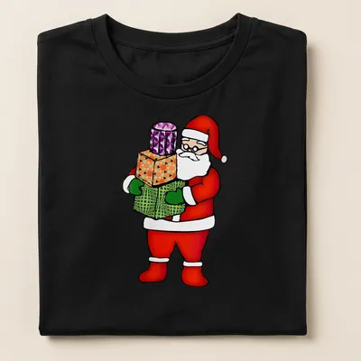 Cartoon Santa Claus holding gifts with colorful festive design — printed on a women's shirt