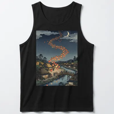 Japanese woodblock print of lanterns over a traditional village at night — printed on a tank top