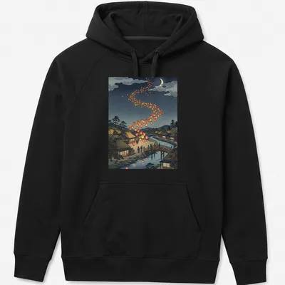 Japanese woodblock print of lanterns over a traditional village at night — printed on a unisex hoodie