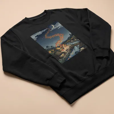 Japanese woodblock print of lanterns over a traditional village at night — printed on a unisex sweatshirt
