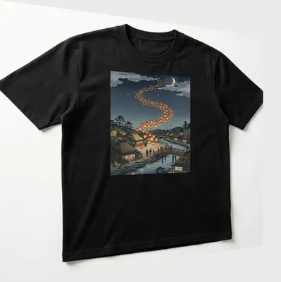 Japanese woodblock print of lanterns over a traditional village at night — printed on a unisex t-shirt (angled view)