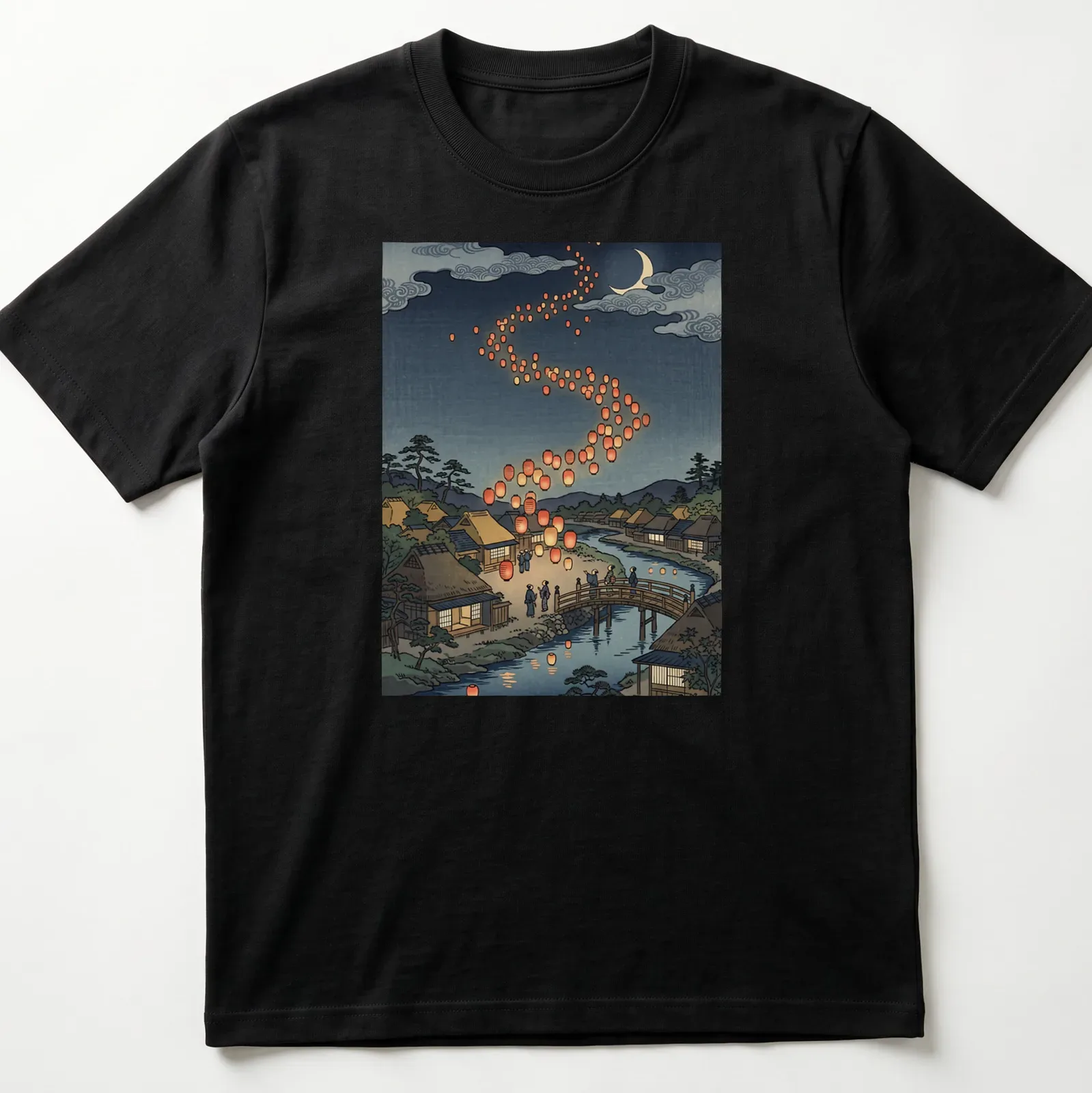 Japanese woodblock print of lanterns over a traditional village at night — printed on a unisex t-shirt