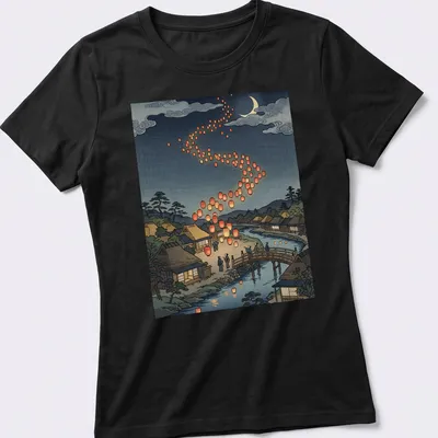 Japanese woodblock print of lanterns over a traditional village at night — printed on a women's shirt