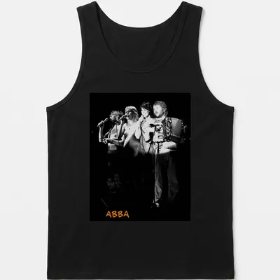 Black and white photo of ABBA performing with orange accents — printed on a tank top