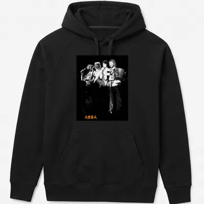 Black and white photo of ABBA performing with orange accents — printed on a unisex hoodie