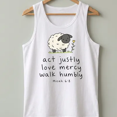 Kawaii illustration of a sheep with text about justice and mercy — printed on a tank top