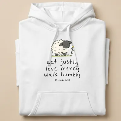 Kawaii illustration of a sheep with text about justice and mercy — printed on a unisex hoodie