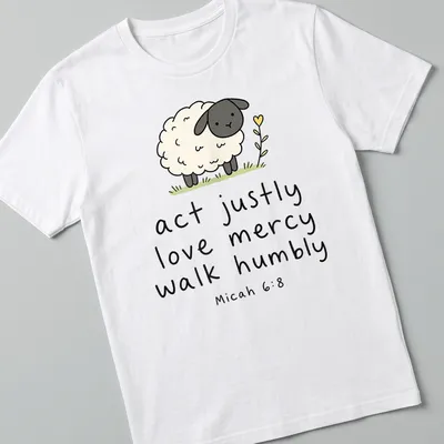 Kawaii illustration of a sheep with text about justice and mercy
