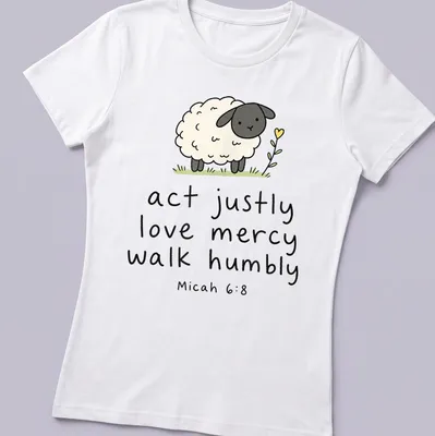 Kawaii illustration of a sheep with text about justice and mercy — printed on a women's shirt