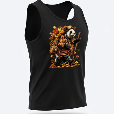 Detailed illustration of a playful panda with autumn leaves in vibrant colors. — printed on a tank top