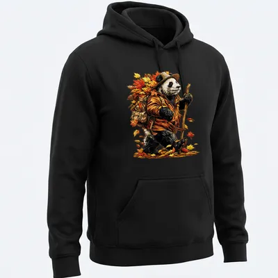 Detailed illustration of a playful panda with autumn leaves in vibrant colors. — printed on a unisex hoodie