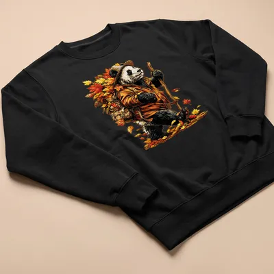 Detailed illustration of a playful panda with autumn leaves in vibrant colors. — printed on a unisex sweatshirt