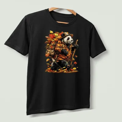 Detailed illustration of a playful panda with autumn leaves in vibrant colors. — printed on a unisex t-shirt (angled view)