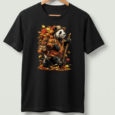 Detailed illustration of a playful panda with autumn leaves in vibrant colors.