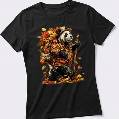 Detailed illustration of a playful panda with autumn leaves in vibrant colors. — printed on a women's shirt