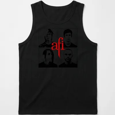 Collage of afi band members in black and white with red accents. — printed on a tank top