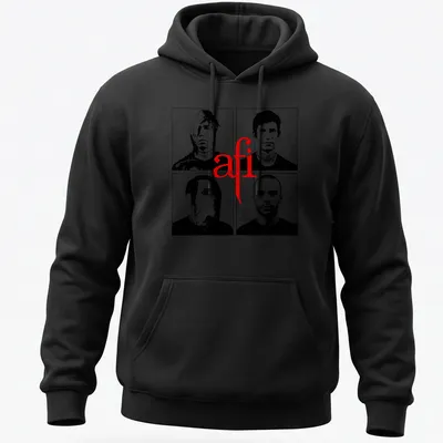 Collage of afi band members in black and white with red accents. — printed on a unisex hoodie