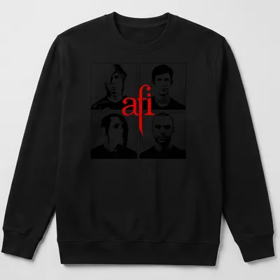 Collage of afi band members in black and white with red accents. — printed on a unisex sweatshirt